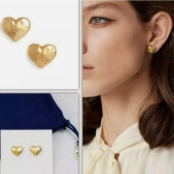Tory Burch Heart Logo Stud Gold Tone Earrings - Picture 1 of 8